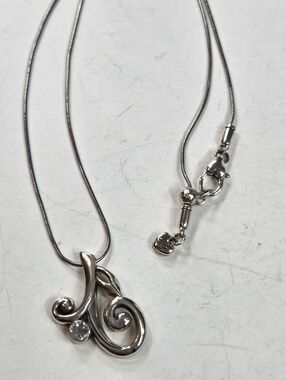 brighton silver tone long necklace scroll clear crystal pendant 20in modernist